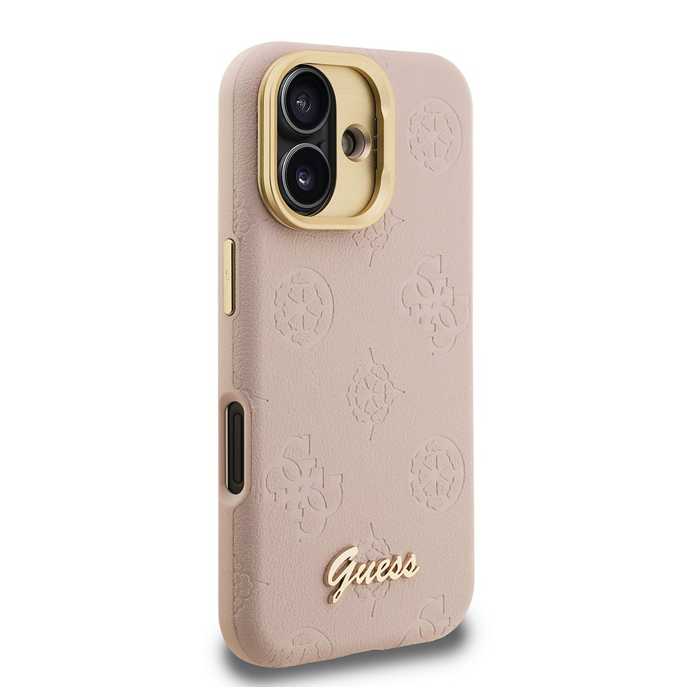 Apple iPhone 16 Kılıf Guess Orjinal Lisanslı M-safe Şarj Özellikli Sıcak Baskılı Yazı Logolu Kamera Standlı PU Deri Peony Kapak