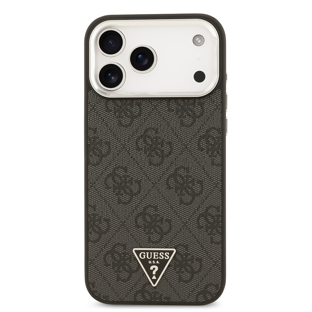 Apple iPhone 17 Pro Max Kılıf Guess Orjinal Lisanslı M-safe Şarj Özellikli Gold Metal Kamera Çerçeveli Taşlı Üçgen Logo 4G Desenli Kapak