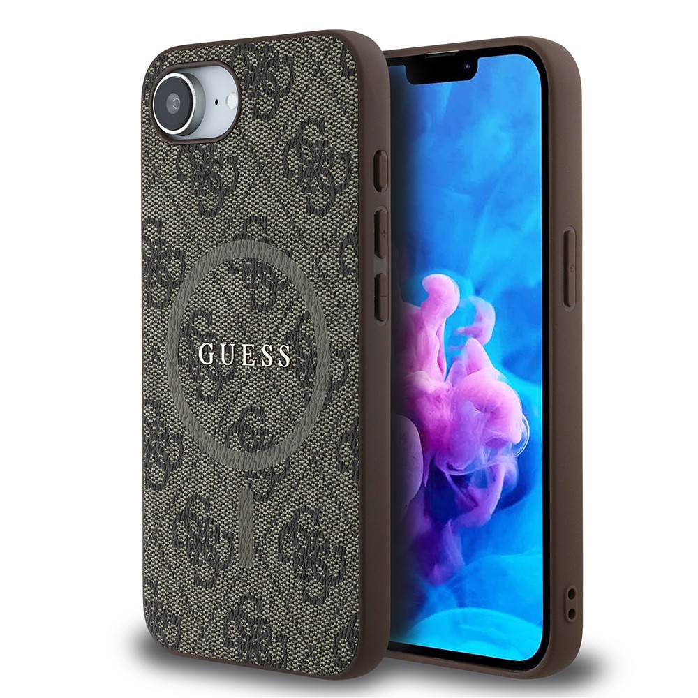 Apple iPhone 16E Kılıf Guess Orjinal Lisanslı M-safe Şarj Özellikli PU Halkalı 4G Desenli Yazı Logolu Kapak