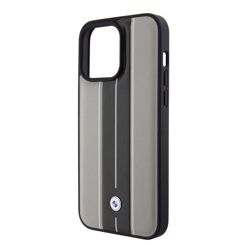 iPhone 15 Pro Kılıf BMW Orjinal Lisanslı Deri Arka Yüzey Metal Logolu Çift Şerit Tasarımlı Kılıf