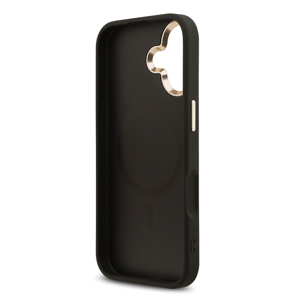 Apple iPhone 17 Kılıf Guess Orjinal Lisanslı M-safe Şarj Özellikli Gold Metal Kamera Çerçeveli Taşlı Üçgen Logo 4G Desenli Kapak