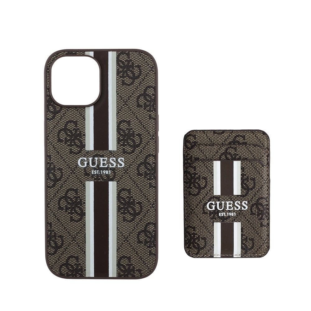 Apple iPhone 15 Kılıf Guess Orjinal Lisanslı M-safe Şarj Özellikli 4G Desenli Çizgili Kartlıklı Kapak