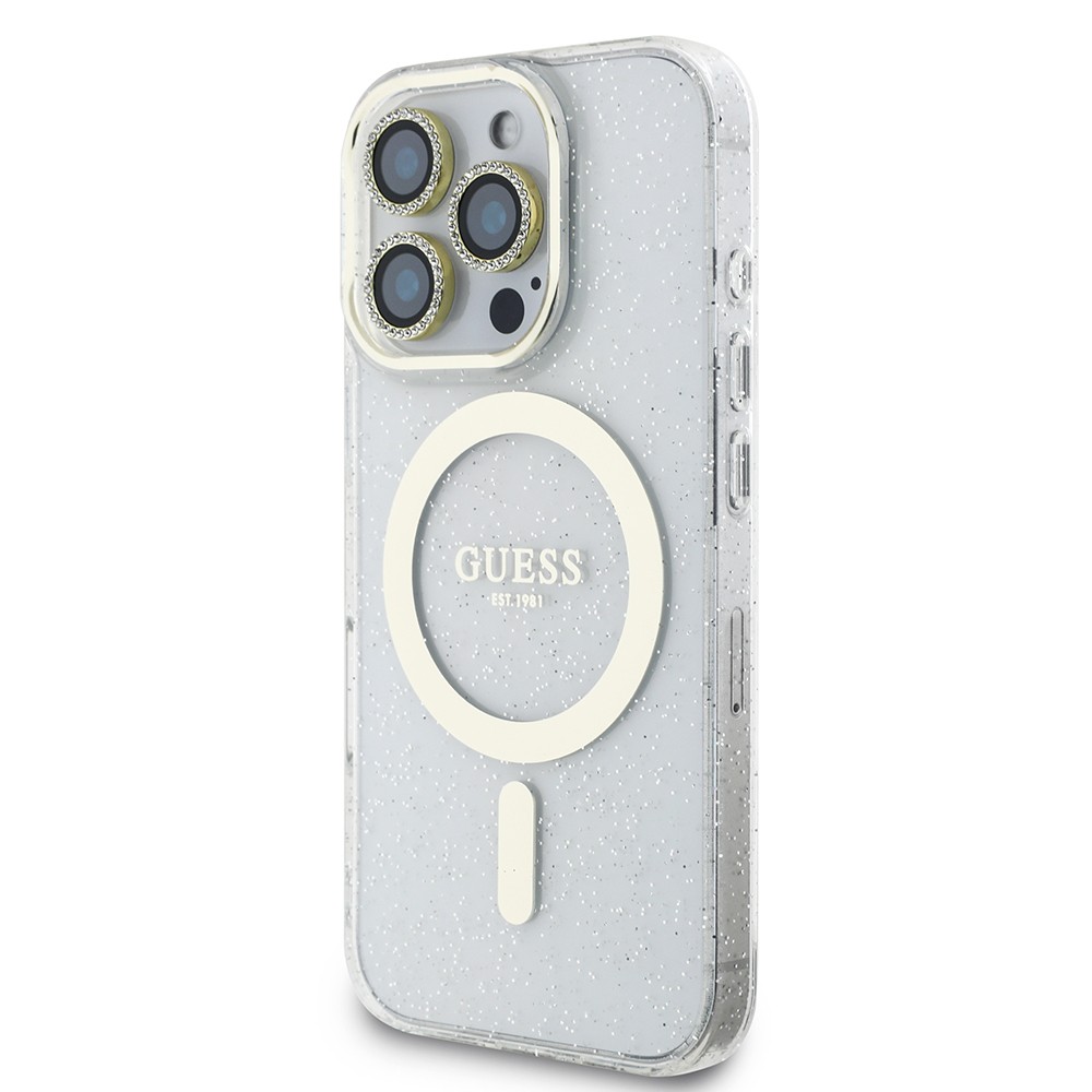 iPhone 16 Pro Max Guess Orjinal Lisanslı 3'lü Aksesuar Seti IML Baskılı Simli Glitter Kılıf + Ekran Koruyucu + Lens Koruyucu