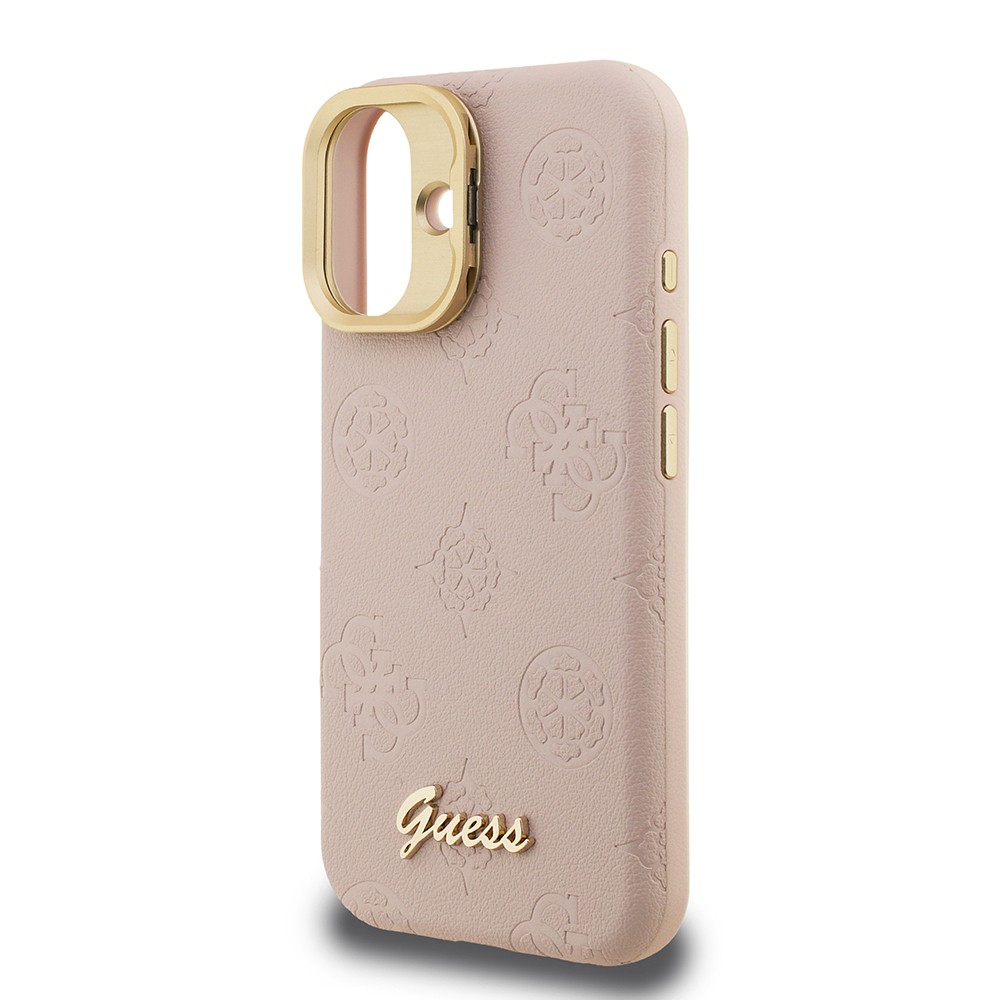 Apple iPhone 16 Kılıf Guess Orjinal Lisanslı M-safe Şarj Özellikli Sıcak Baskılı Yazı Logolu Kamera Standlı PU Deri Peony Kapak
