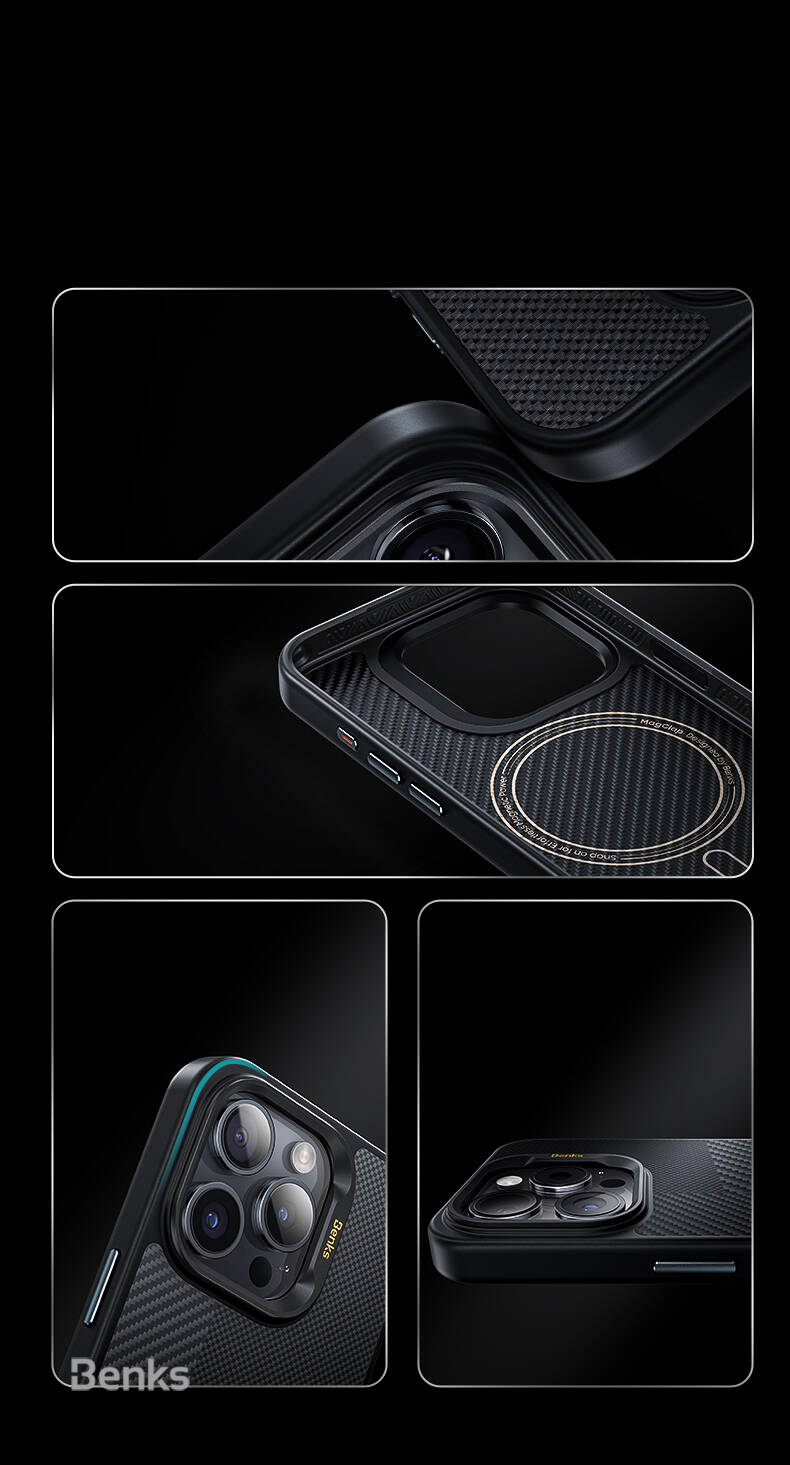 iPhone 15 Pro Max Kılıf Magsafe Şarj Özellikli Karbon Fiber Benks Montage Hybrid Armor Pro Kevlar Kılıf
