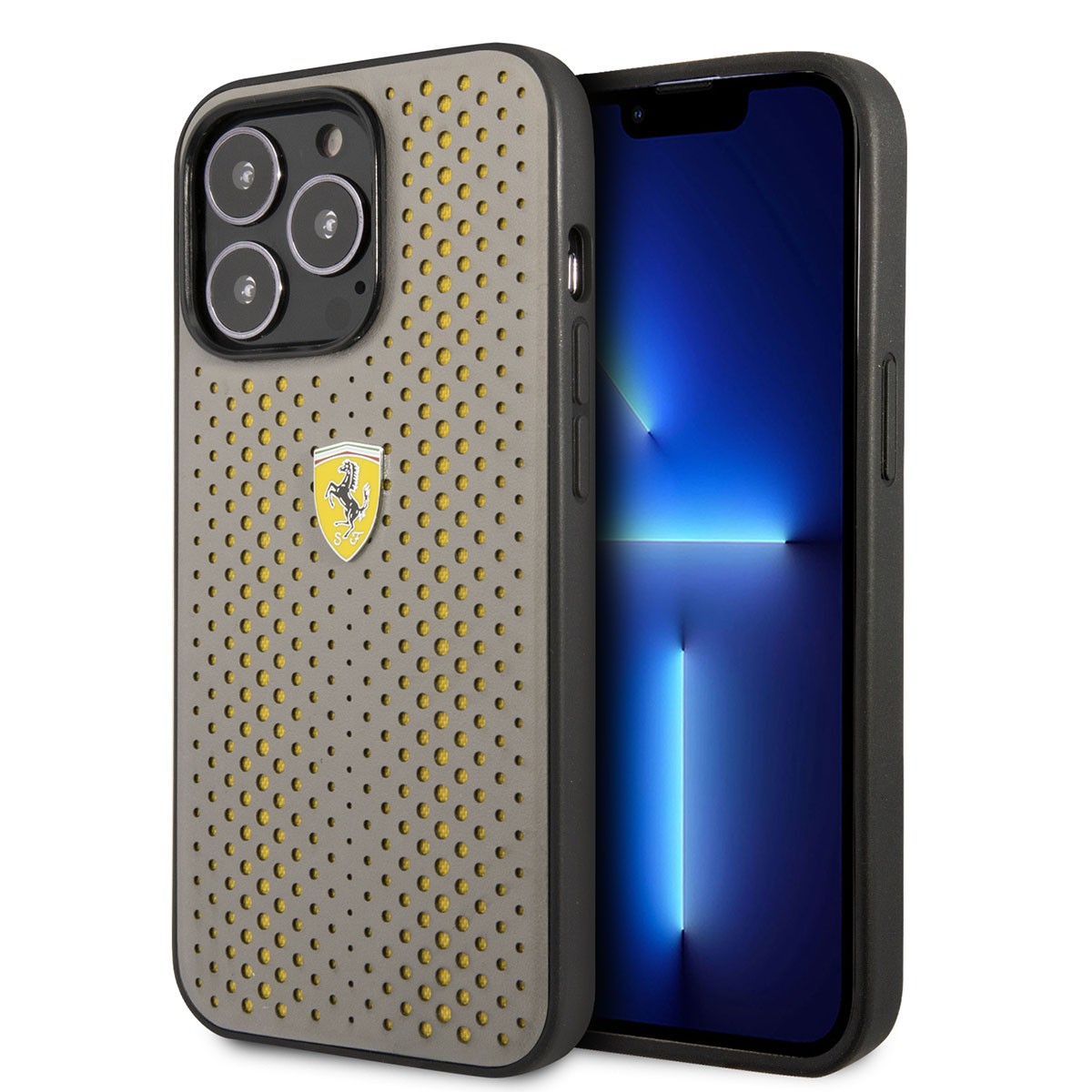iPhone 14 Pro Max Kılıf Ferrari Deri Sarı Noktalı Dizayn Kılıf