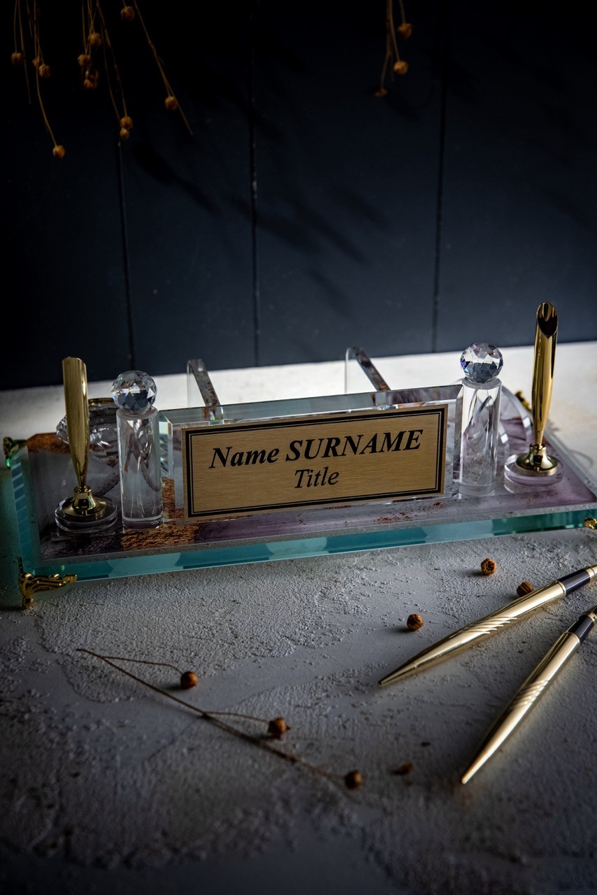 Luxury Handmade Desk Nameplate Set, Custom Name Plate, Card Holder, Glass Office Name Sign, Father's Day