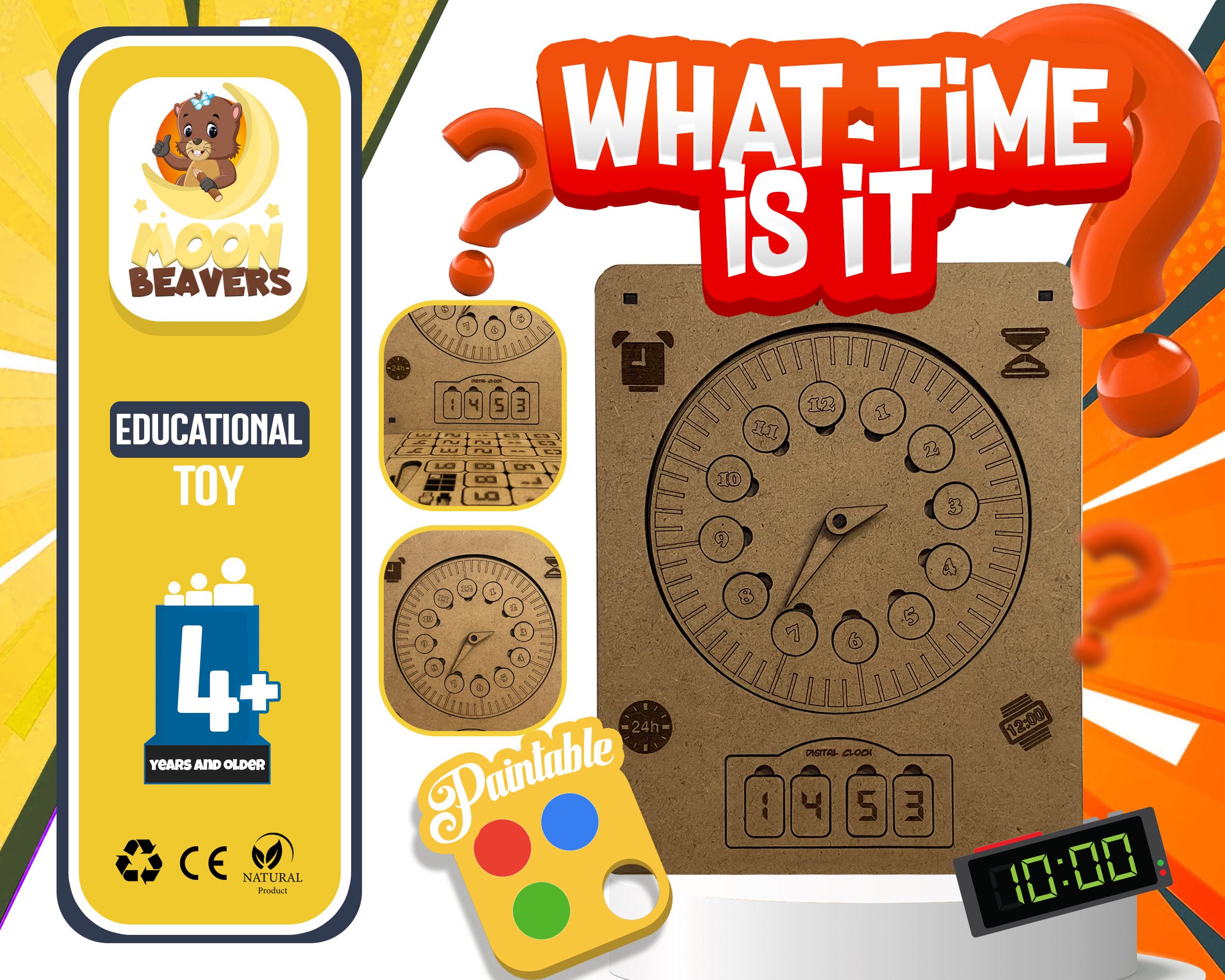 Learning Clock for Kids, Wooden Toys, Painting, Educational