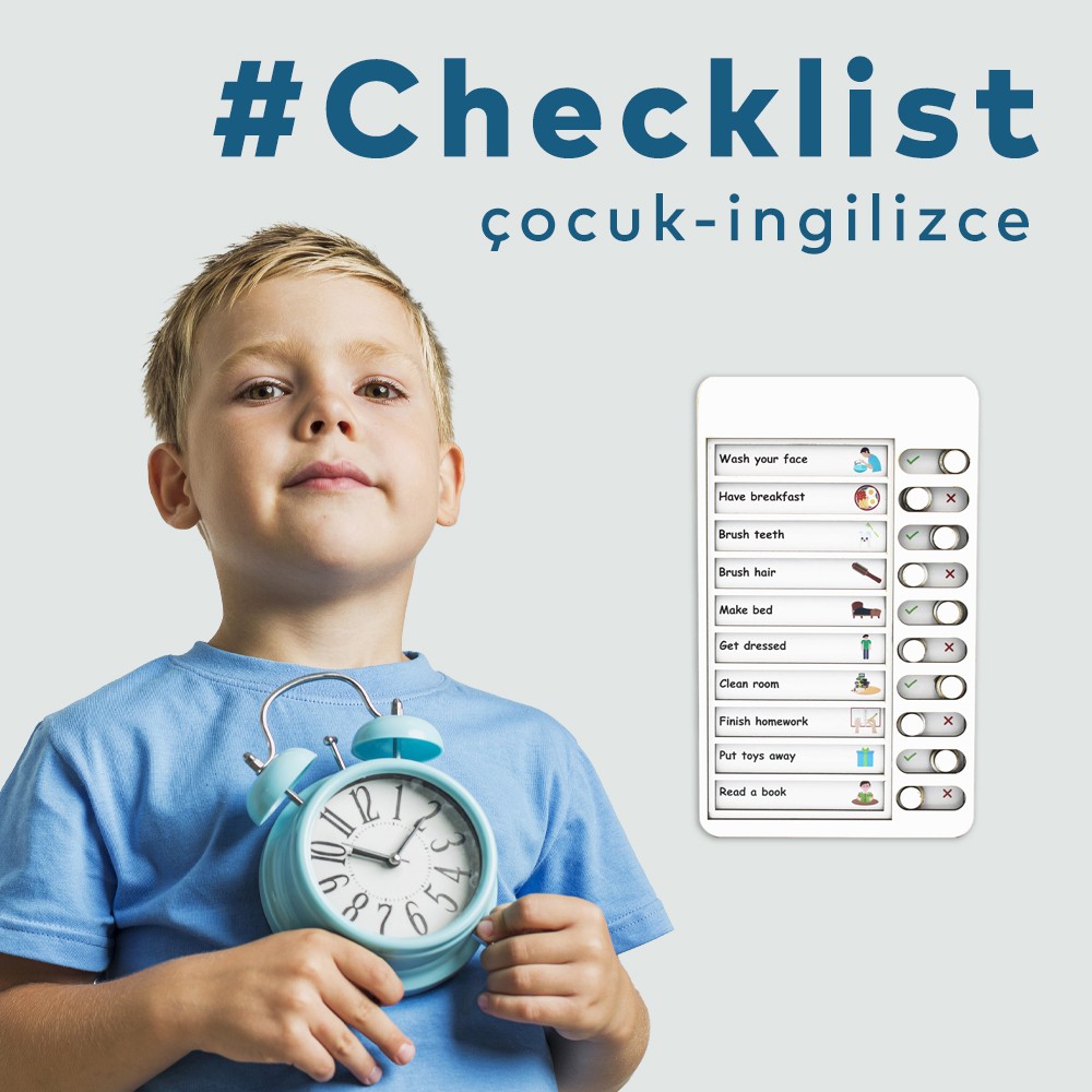 İngilizce Çocuk Günlük Planlayıcı, Rutin Kontrol Listesi, Checklist, Eğitici Oyuncak, Ahşap Yapılacaklar Listesi, Dil Eğitimi