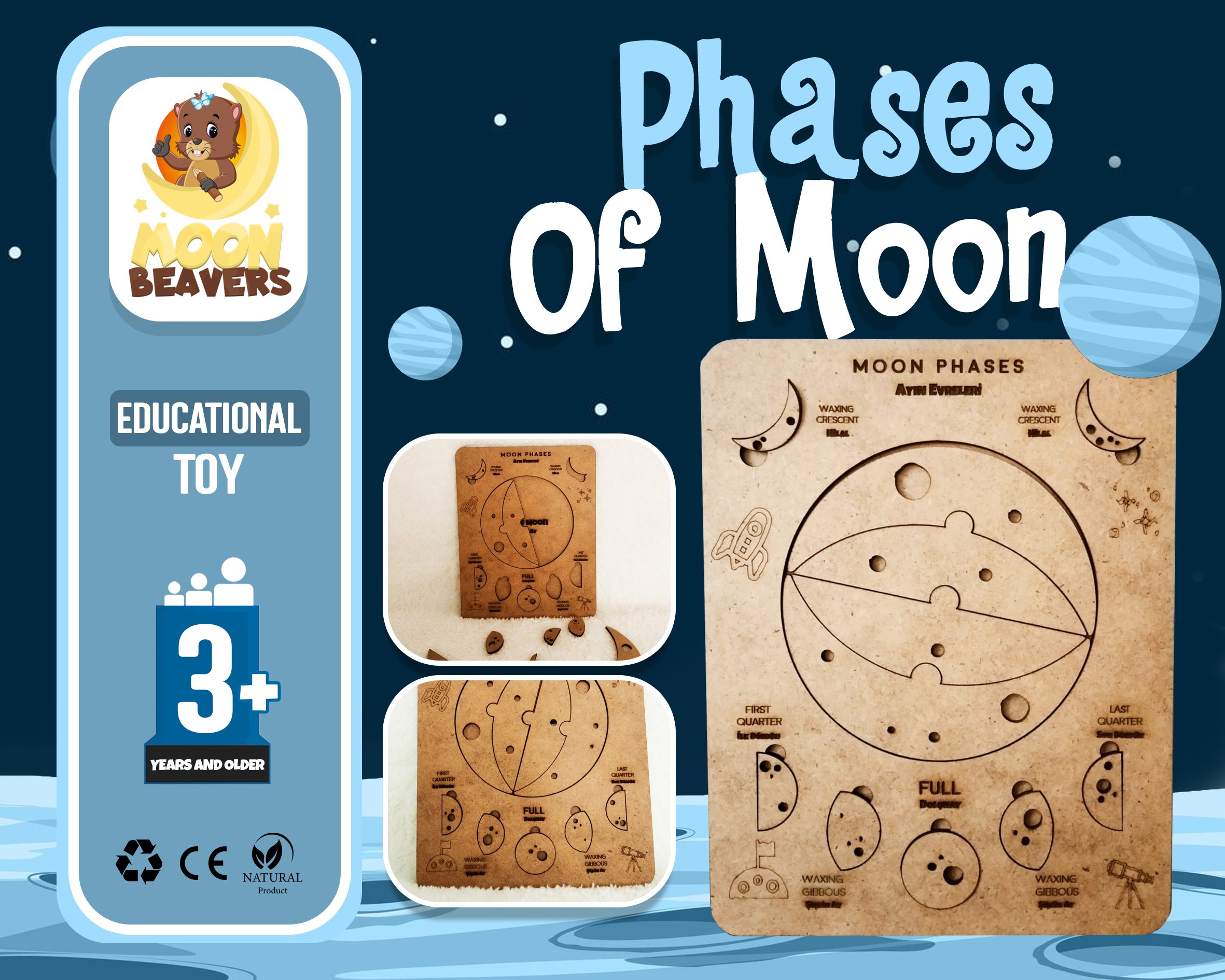 Phases of the Moon, Scientific Educational Toy, Gift for Toddlers, Wooden, Coloring Game