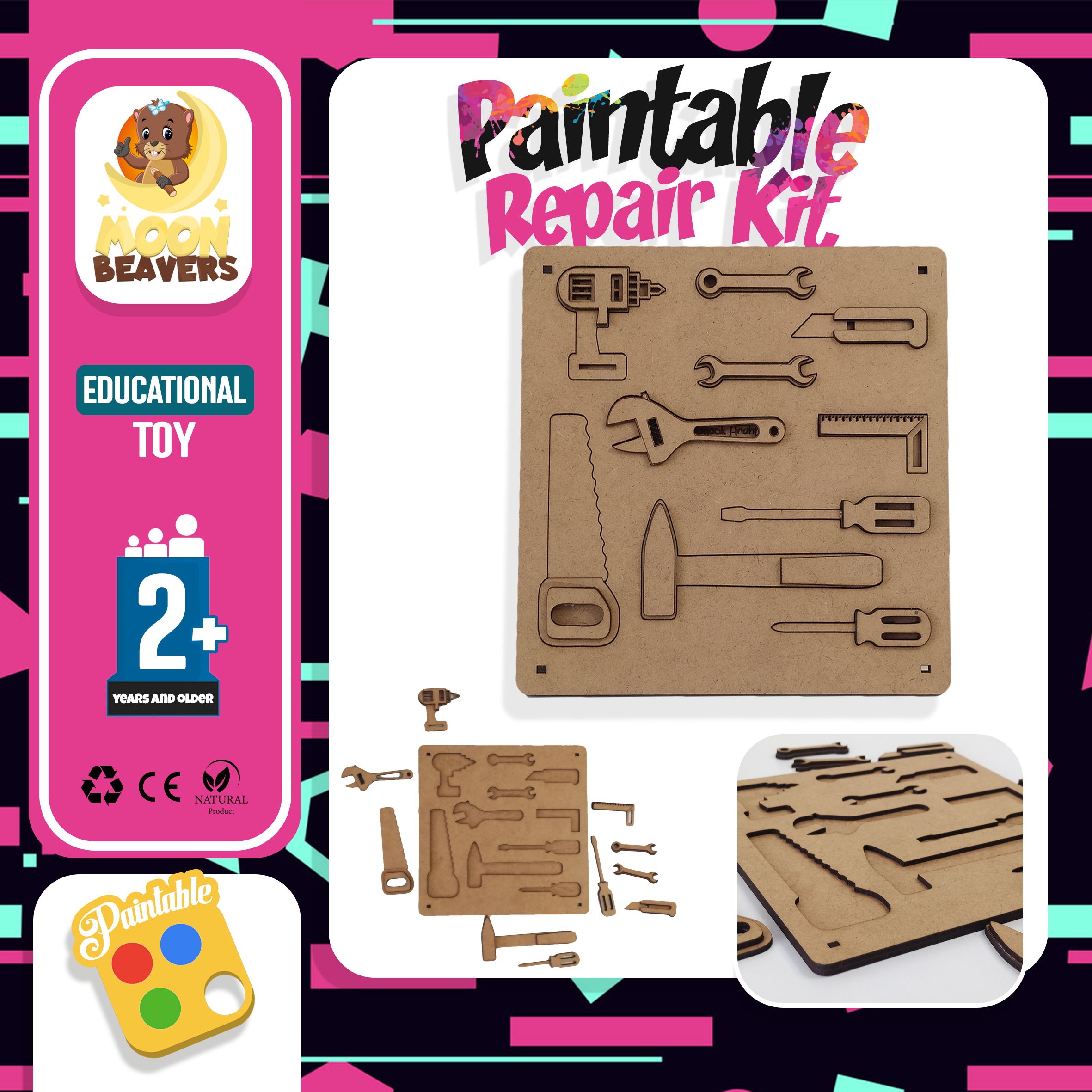 Paintable Repair Kit, Wooden Toys, For Toddlers, Educational