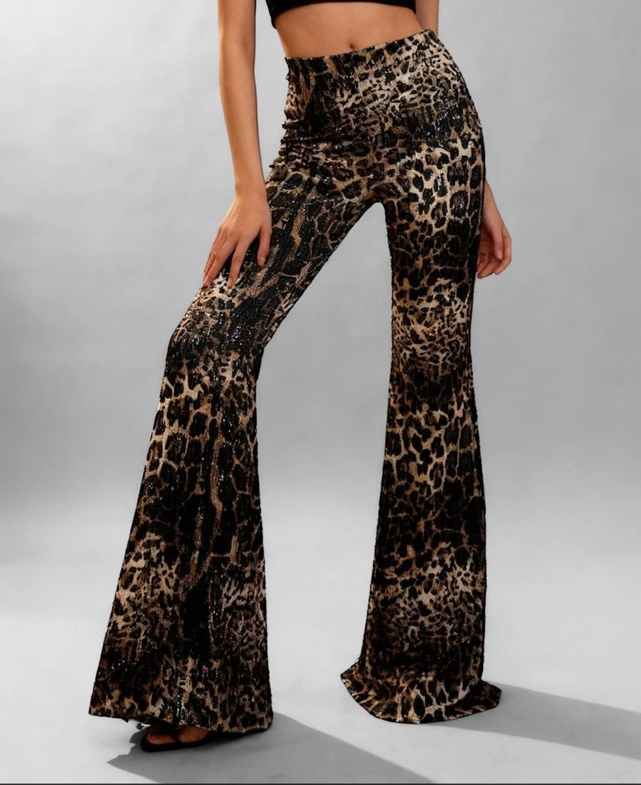 İSPANYOL PAÇA LEOPAR DESENLİ ŞEFFAF PAYETLİ PANTALON