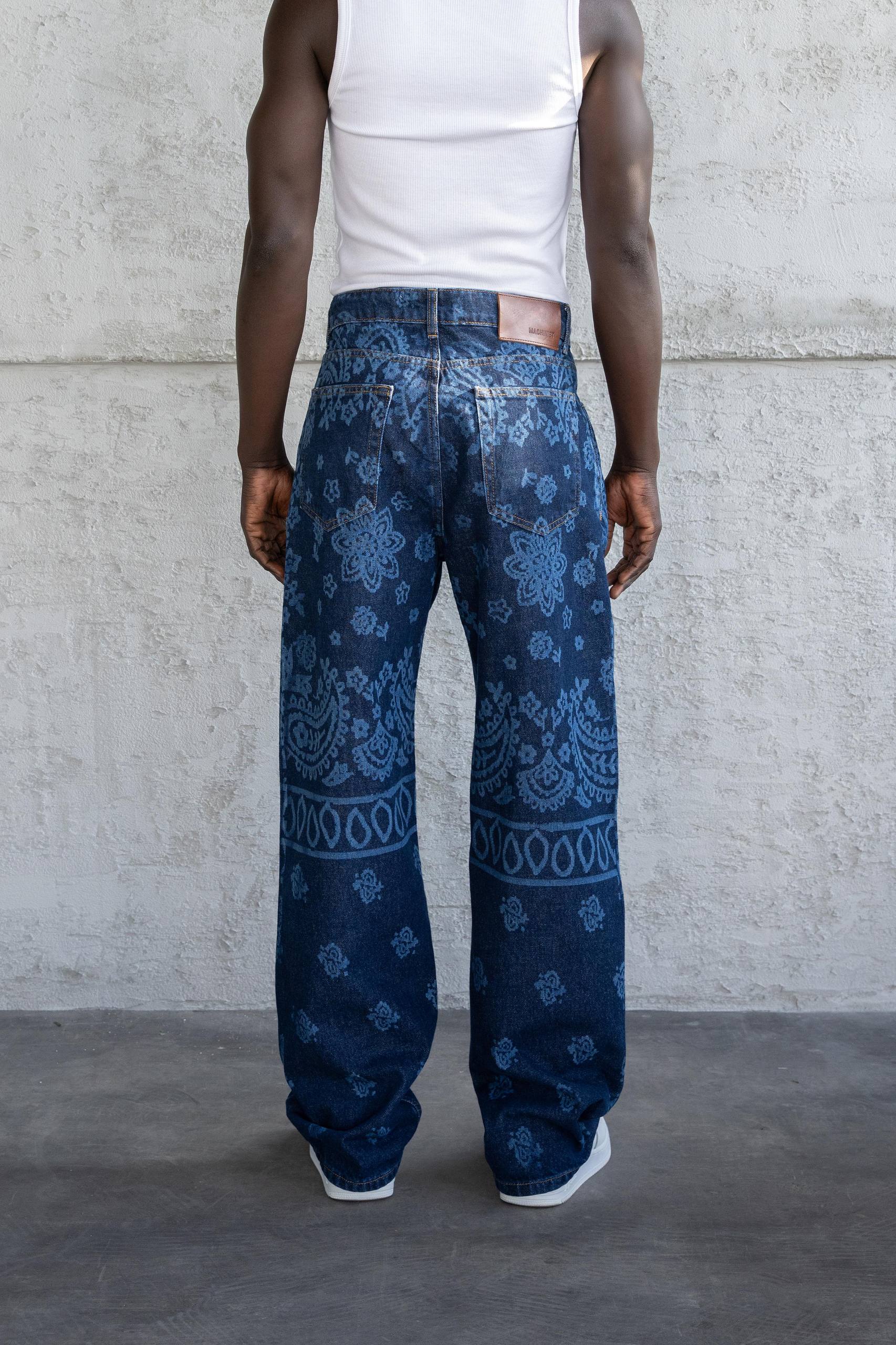 De Le Rante 2 Motif Baskılı Yıkamalı Yüksek Bel Erkek Jean Pantolon