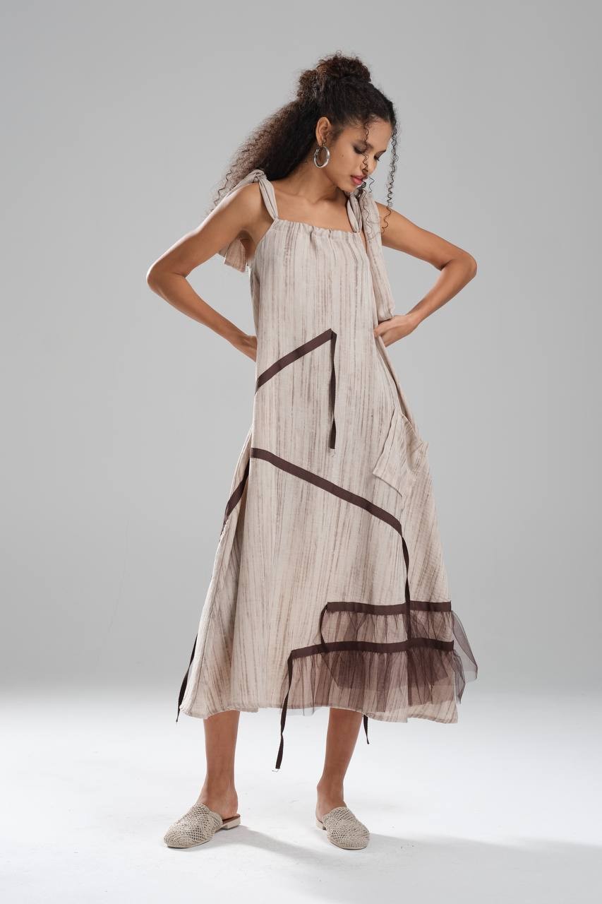 Summer Special Linen Tie Strap Detailed Women's Dress - N-1603 - Bej