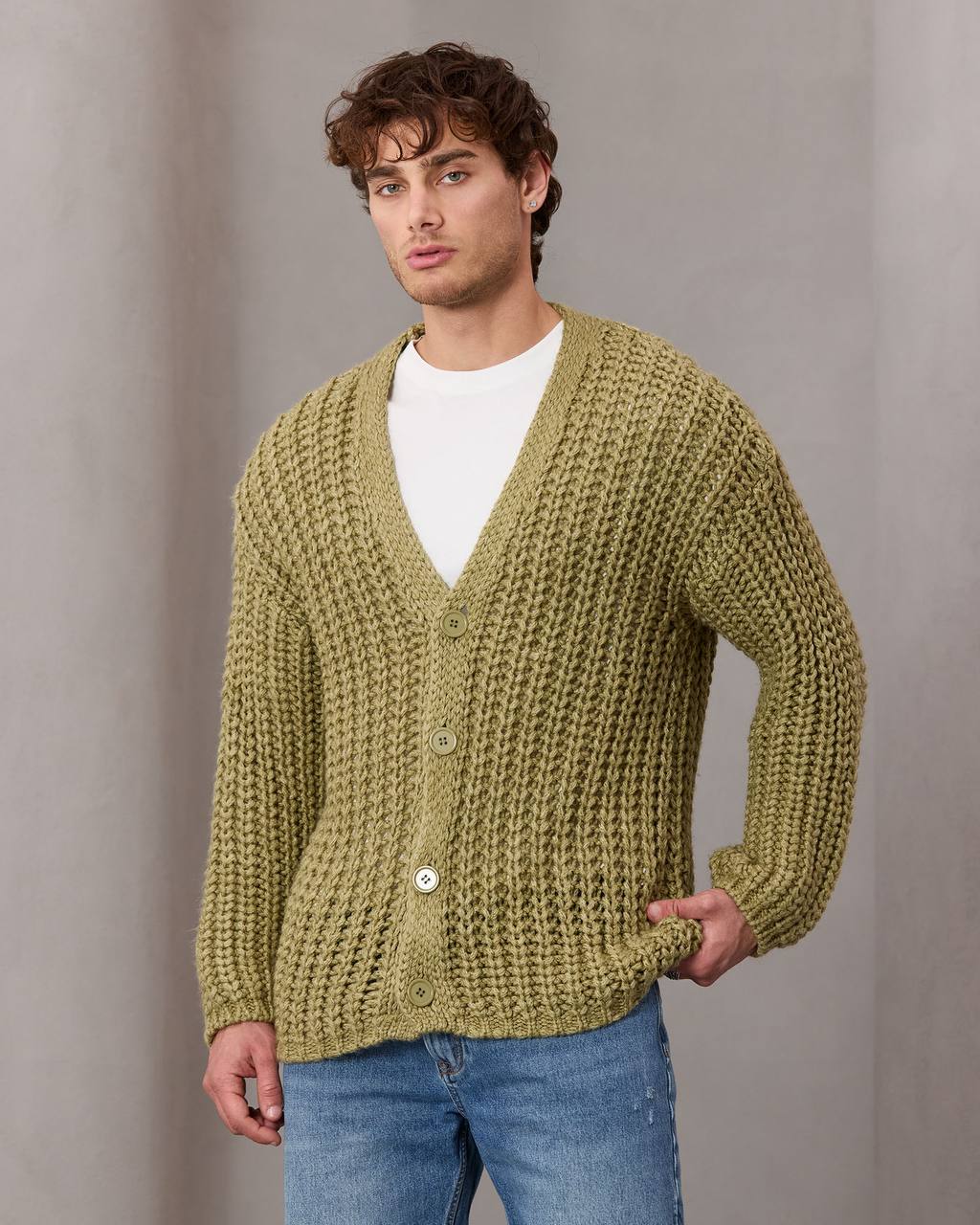 Soft Hands Düğme Detaylı Yün Erkek Hırka - Yağ Yeşili