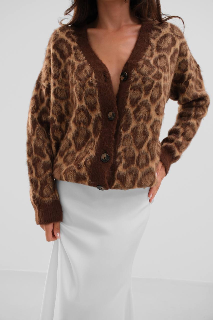 To Leopard Pattern Knitwear Women's Cardigan - Taba