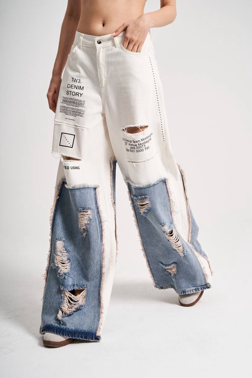 Soura Denim Fabric Ripped Effect Trousers - Beyaz