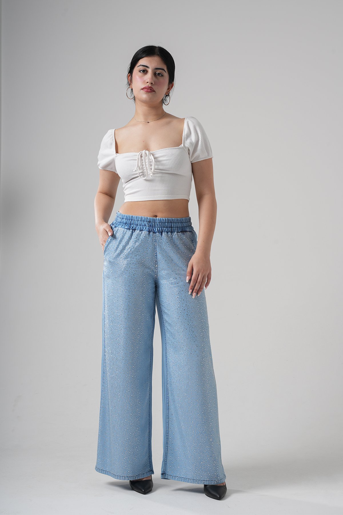Women's Elastic Waist Special Front Stoned Tencel Palazzo 10530