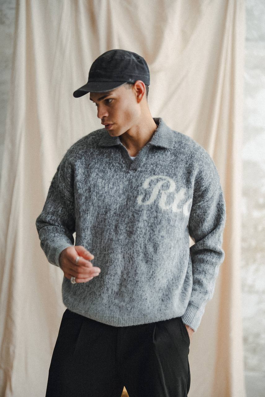 Lany Oversize Kesim Polo Yaka Erkek Triko - Gri