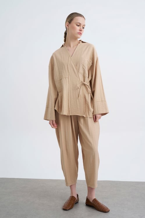 Gregoria Tensel Dokulu Kimono Takım - Camel