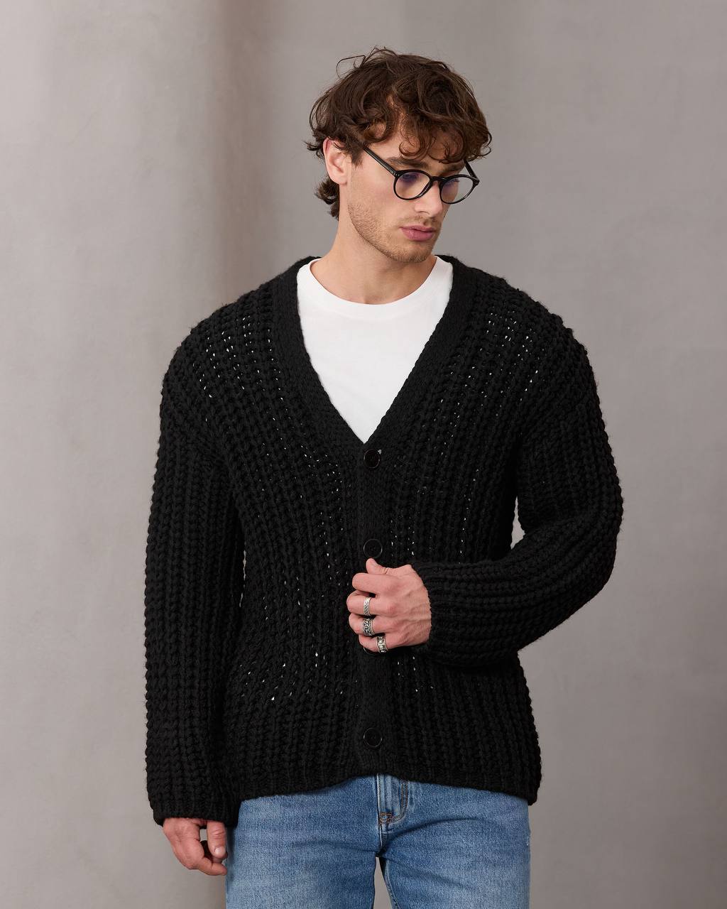 Soft Hands Düğme Detaylı Yün Erkek Hırka - Siyah