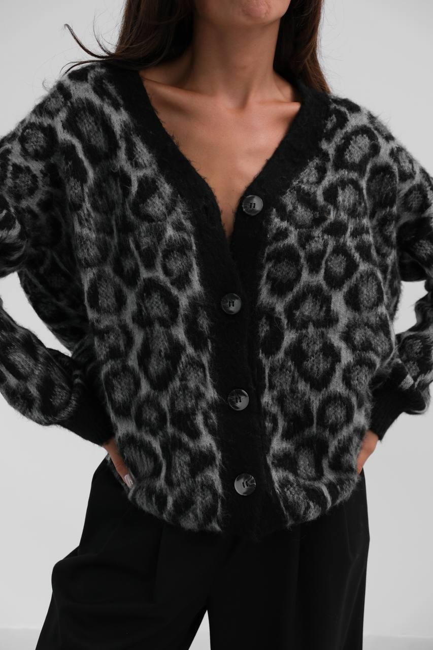 To Leopard Pattern Knitwear Women's Cardigan - Siyah