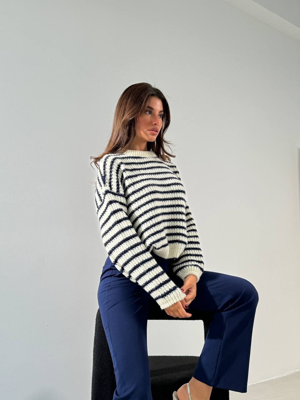 Weekend Transverse Striped Women's Knitwear - Beyaz