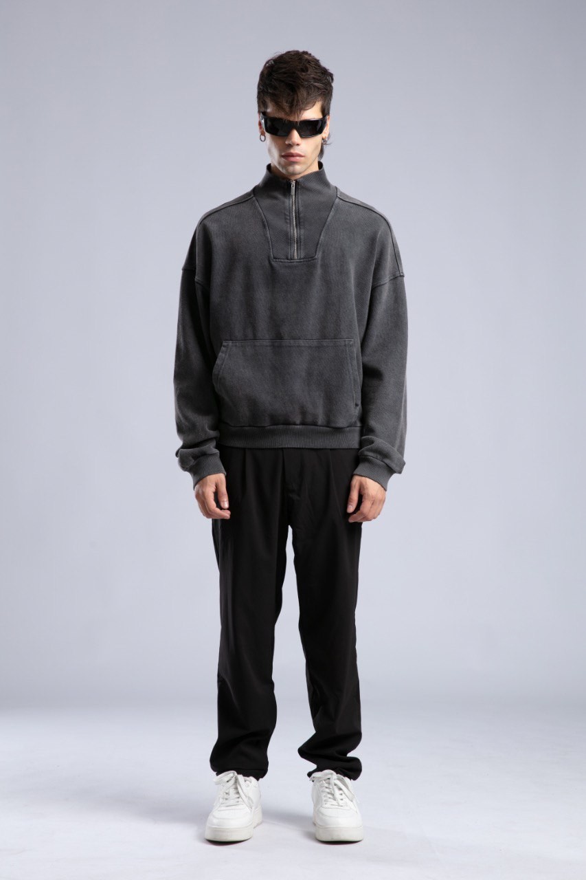 Larkin Yıkamalı Oversize Kesim Fermuar Detaylı Erkek Sweatshirt