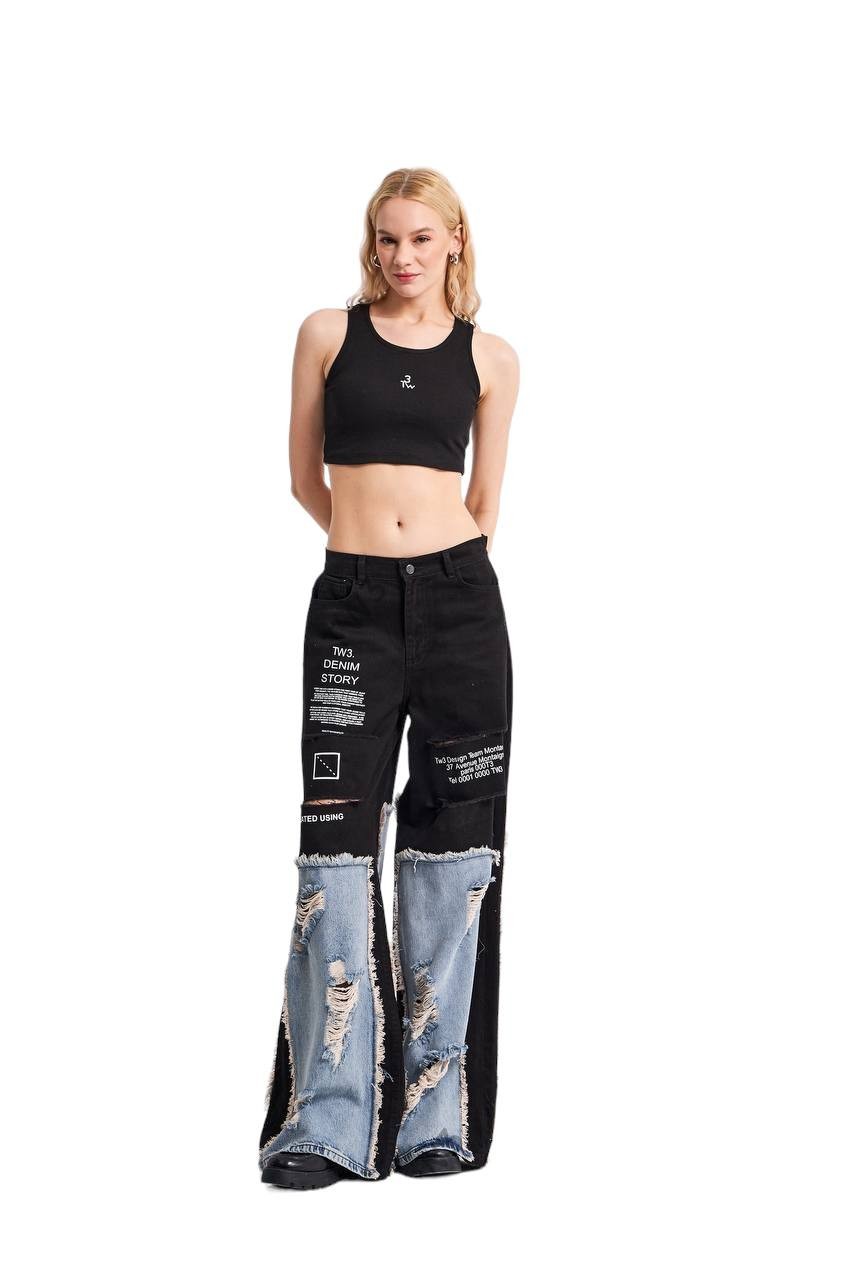 Soura Denim Fabric Ripped Effect Trousers - Siyah