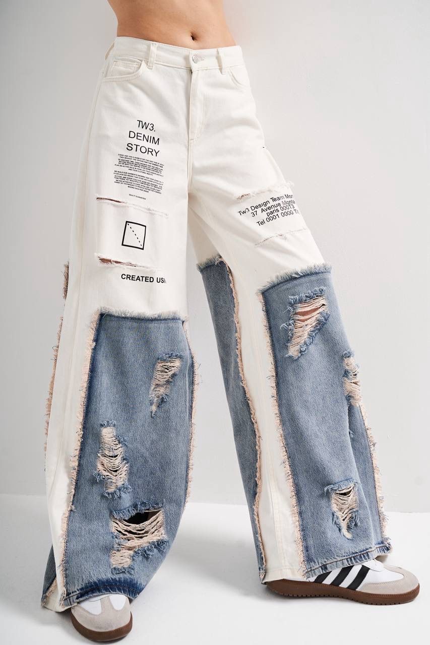 Soura Denim Fabric Ripped Effect Trousers