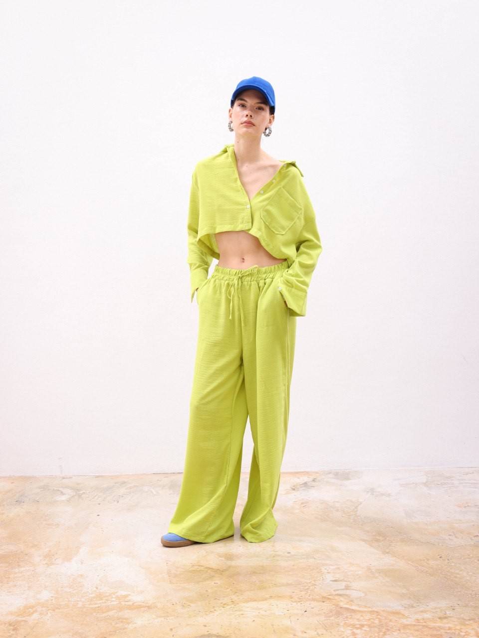 Morgan Crop Gömlek Pantolon Alt-Üst Takım-9715 - Fıstık Yeşil