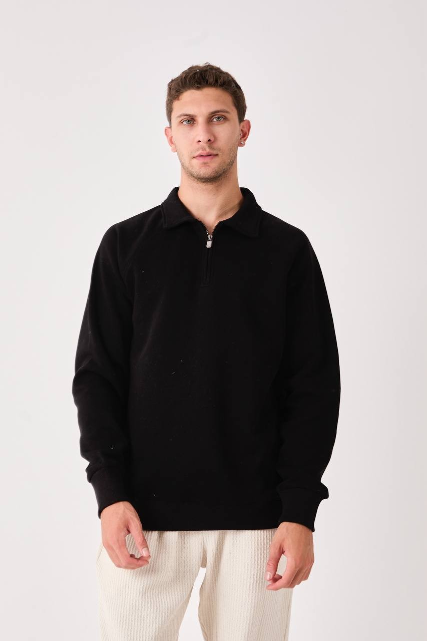 Dent Polo Yaka Oversize Kesim Erkek Sweatshirt - Siyah
