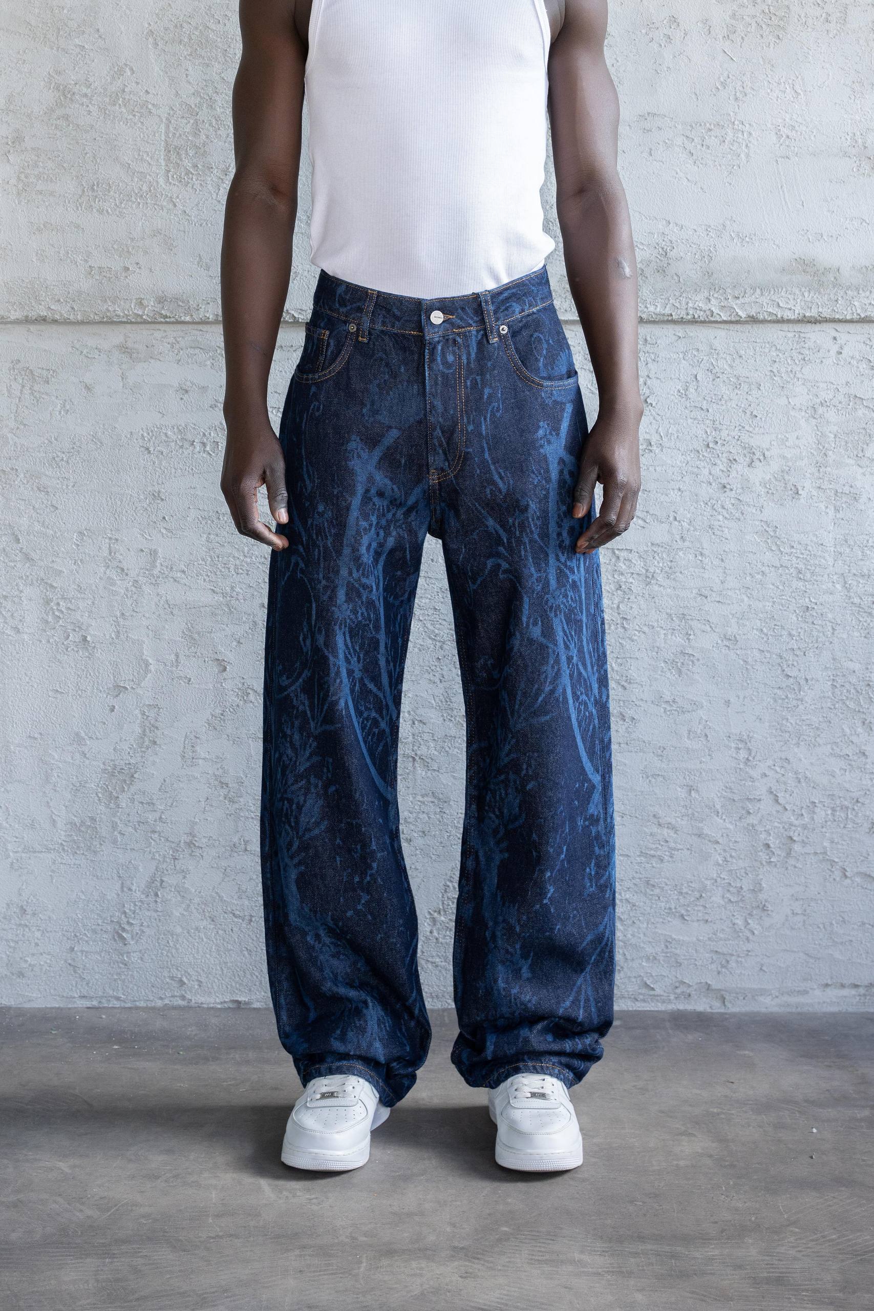 Bowl Baskılı Yüksek Bel Yıkamalı Erkek Jean Pantolon