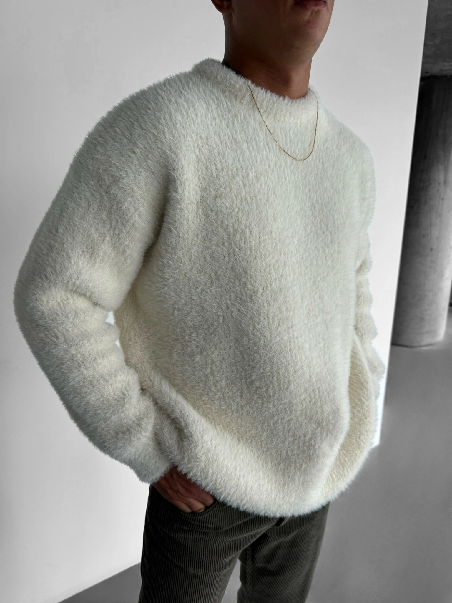 Core Oversize Kesim Bisiklet Yaka Erkek Triko - Ekru