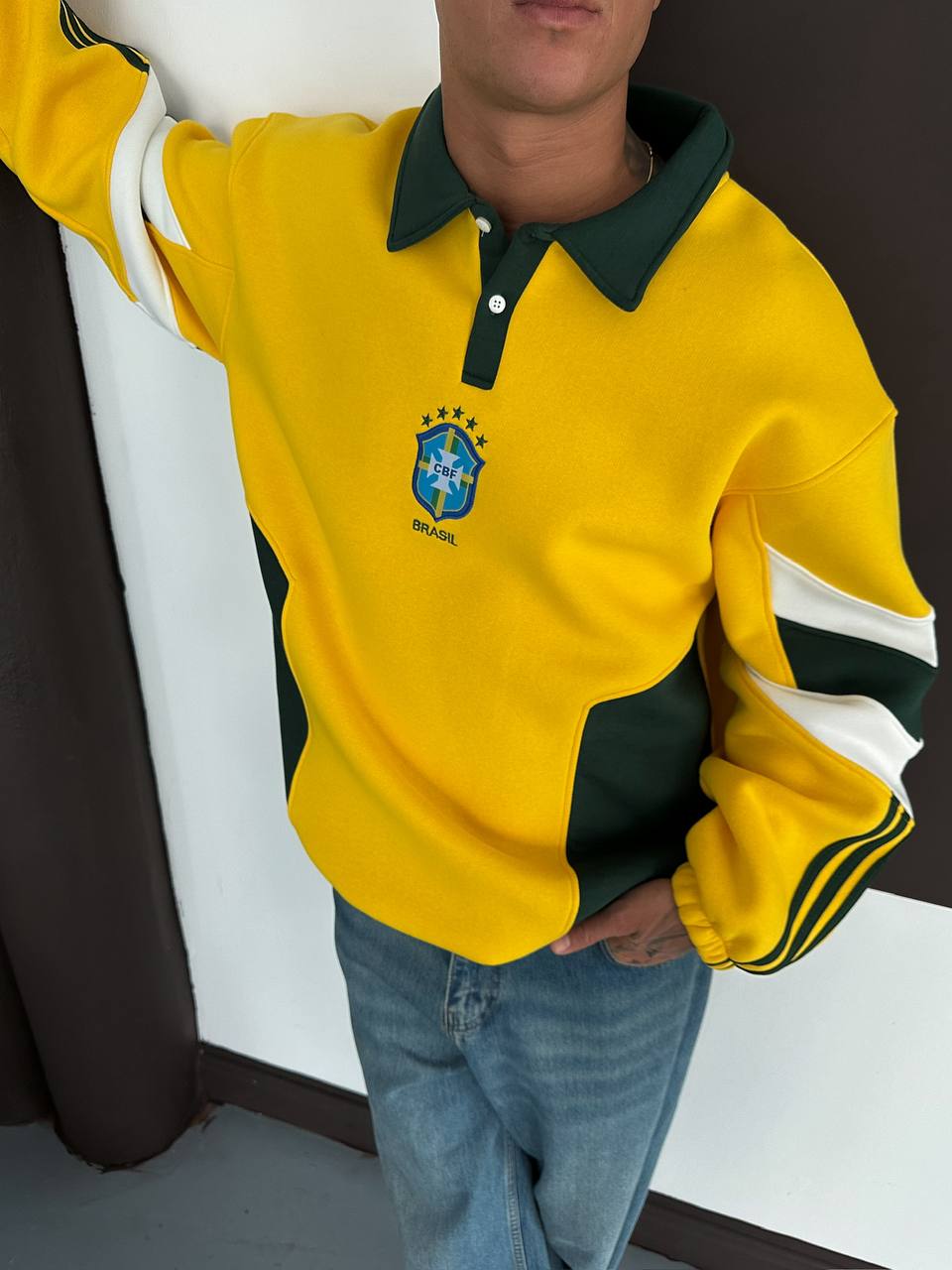 Rodry Brezilya Temalı Polo Yaka Oversize Kesim Erkek Forma Sweatshirt