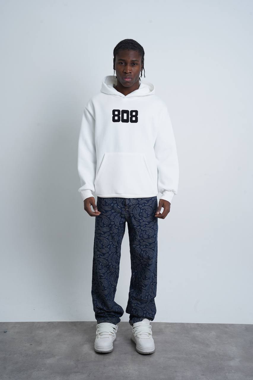 808 Numara Baskılı Oversize Kesim Erkek Hoodie - Beyaz