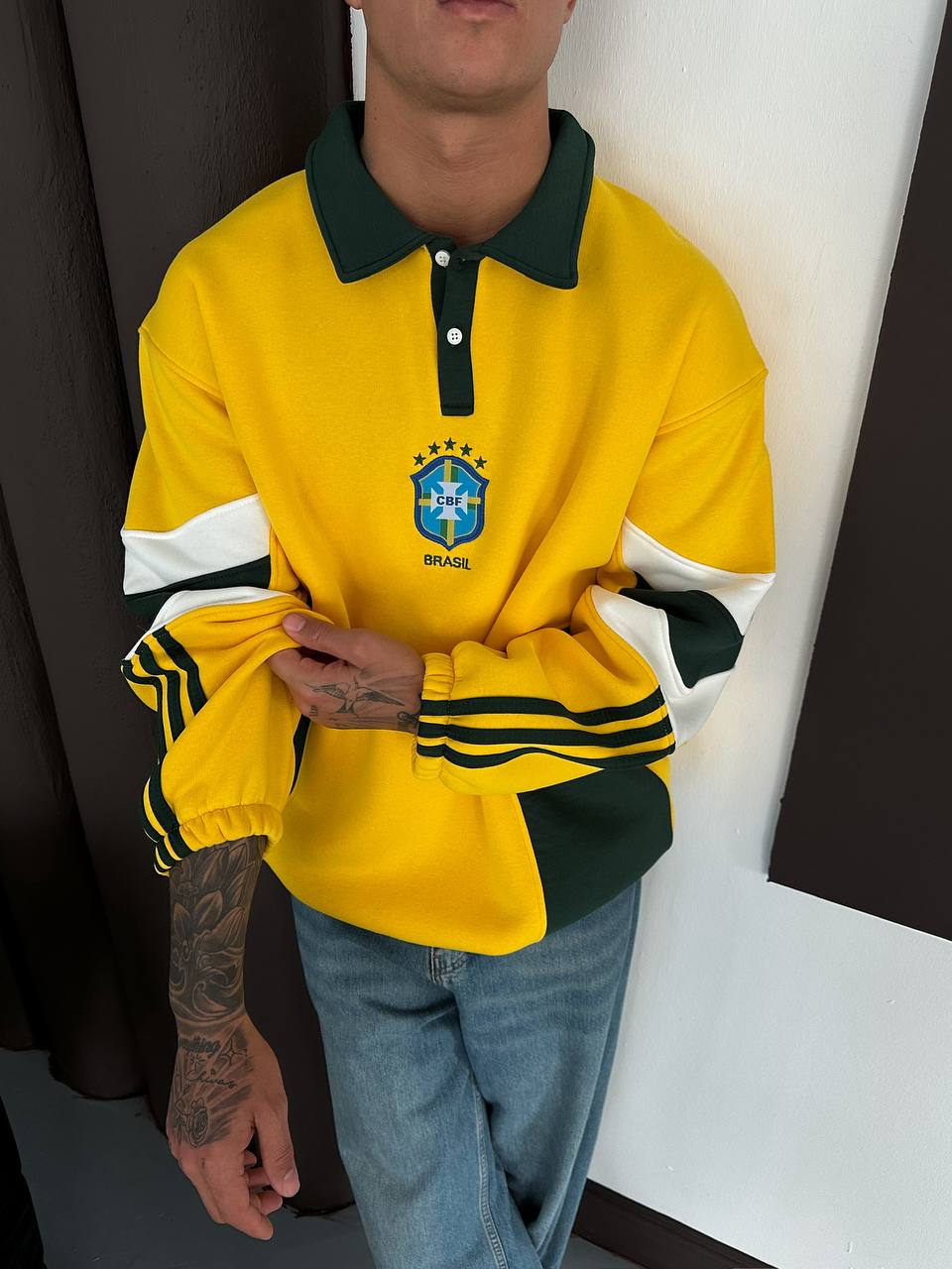 Rodry Brezilya Temalı Polo Yaka Oversize Kesim Erkek Forma Sweatshirt