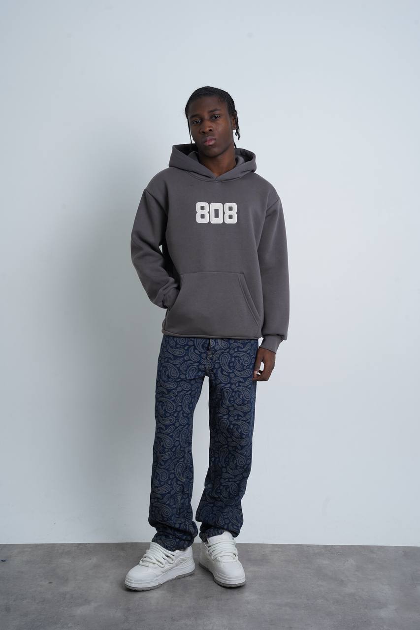 808 Numara Baskılı Oversize Kesim Erkek Hoodie - Füme