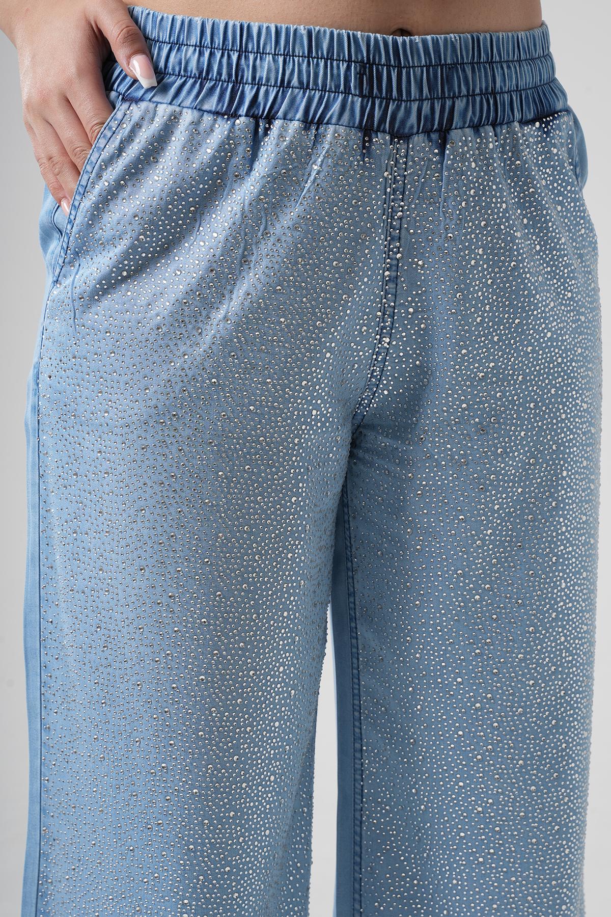 Women's Elastic Waist Special Front Stoned Tencel Palazzo 10530