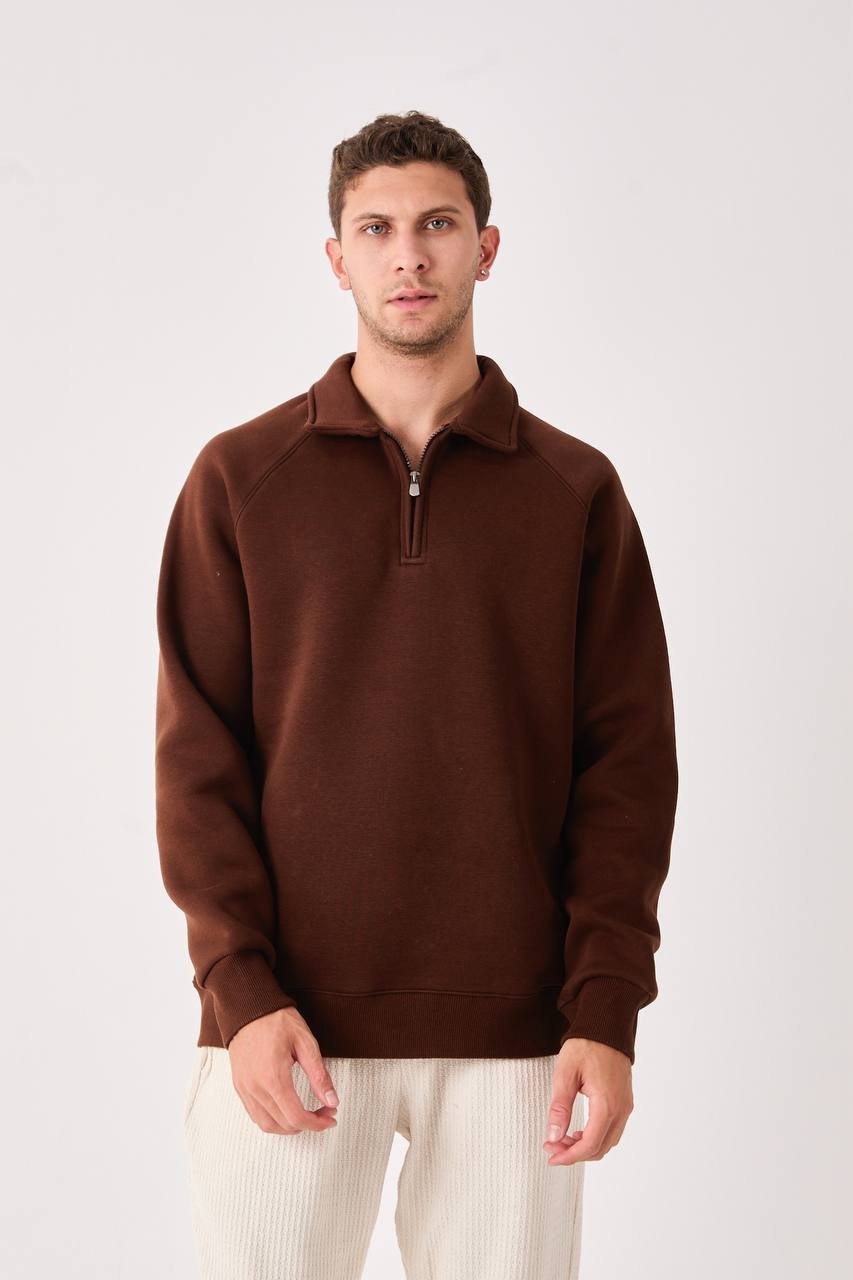 Dent Polo Yaka Oversize Kesim Erkek Sweatshirt - Kahve