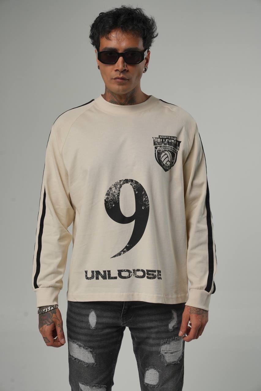 9 Baskılı Kol şerit Detaylı Oversize Kesim Erkeek Sweatshirt - Ekru