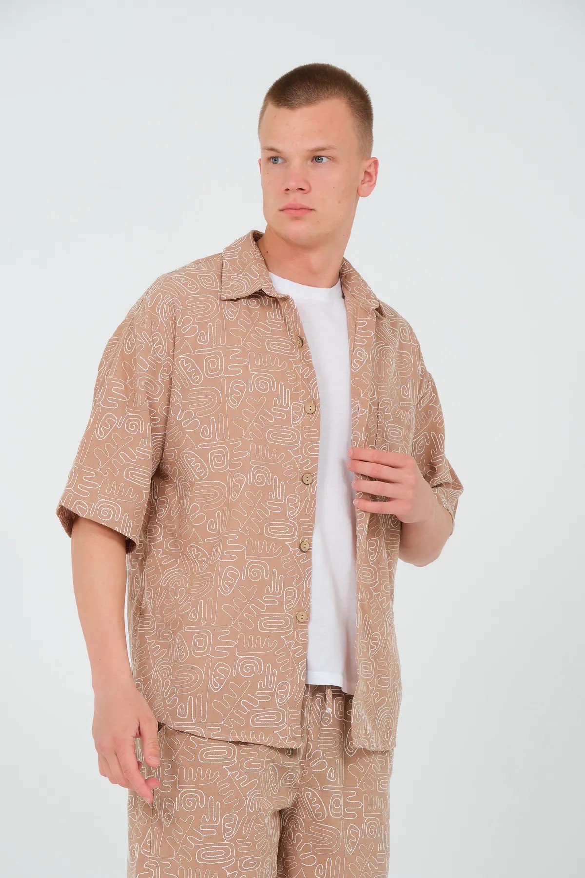 Queen Ru Men's Linen Oversize Patterned Short Sleeve Shirt