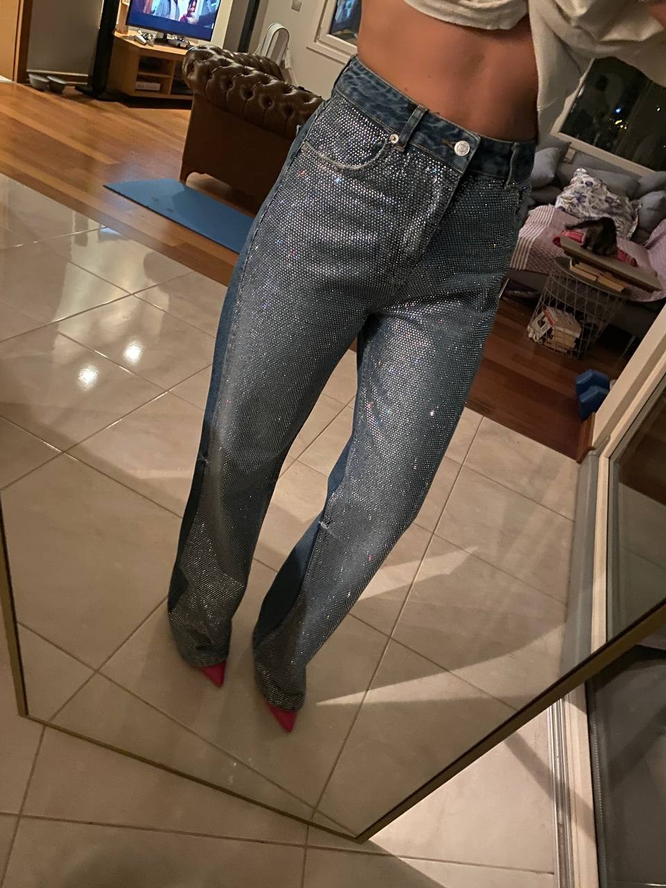 Mira Taş İşlemeli Özel Tasarım Kadın Denim Pantolon