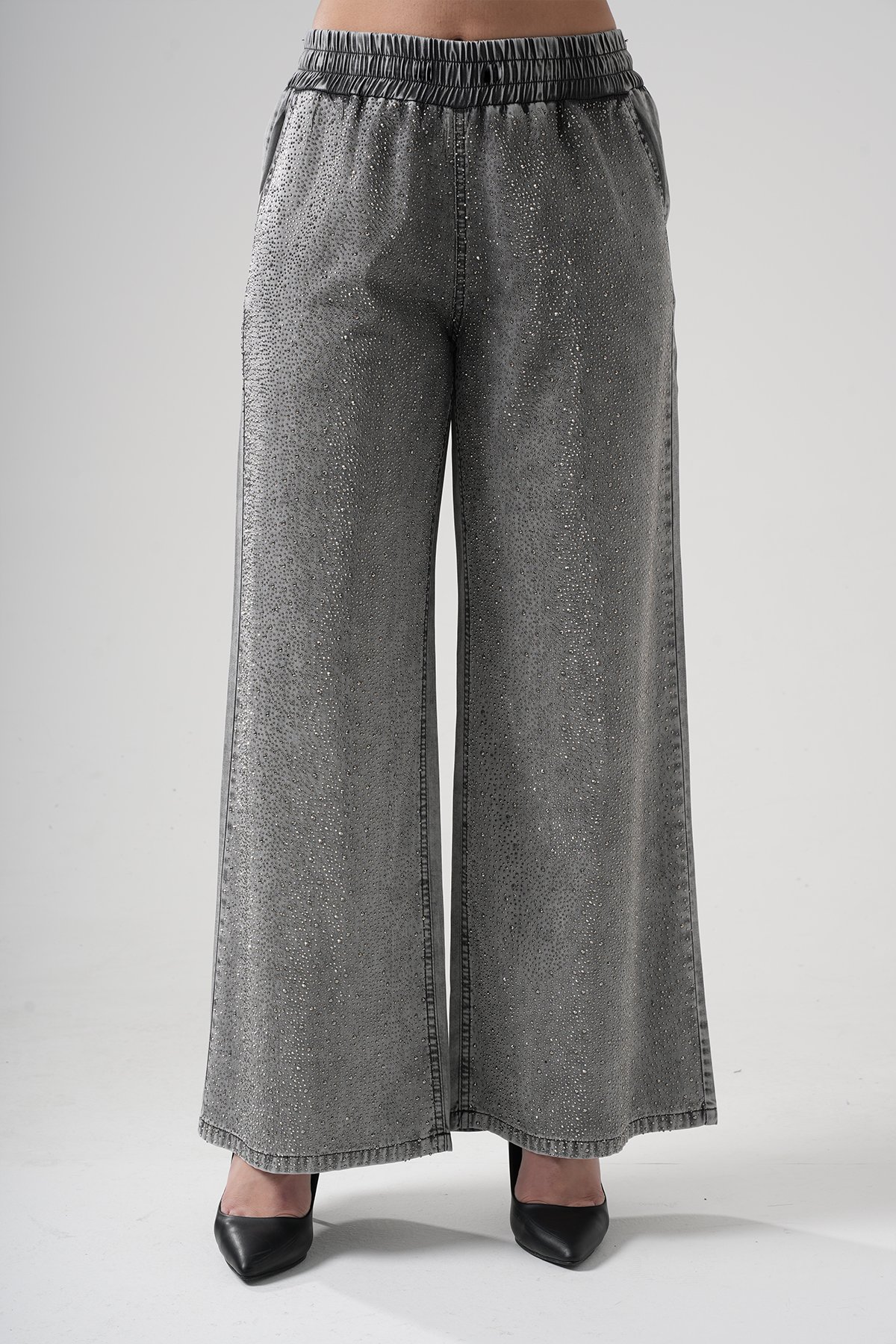 Women's Elastic Waist Special Front Stoned Tencel Palazzo 10530 - Siyah