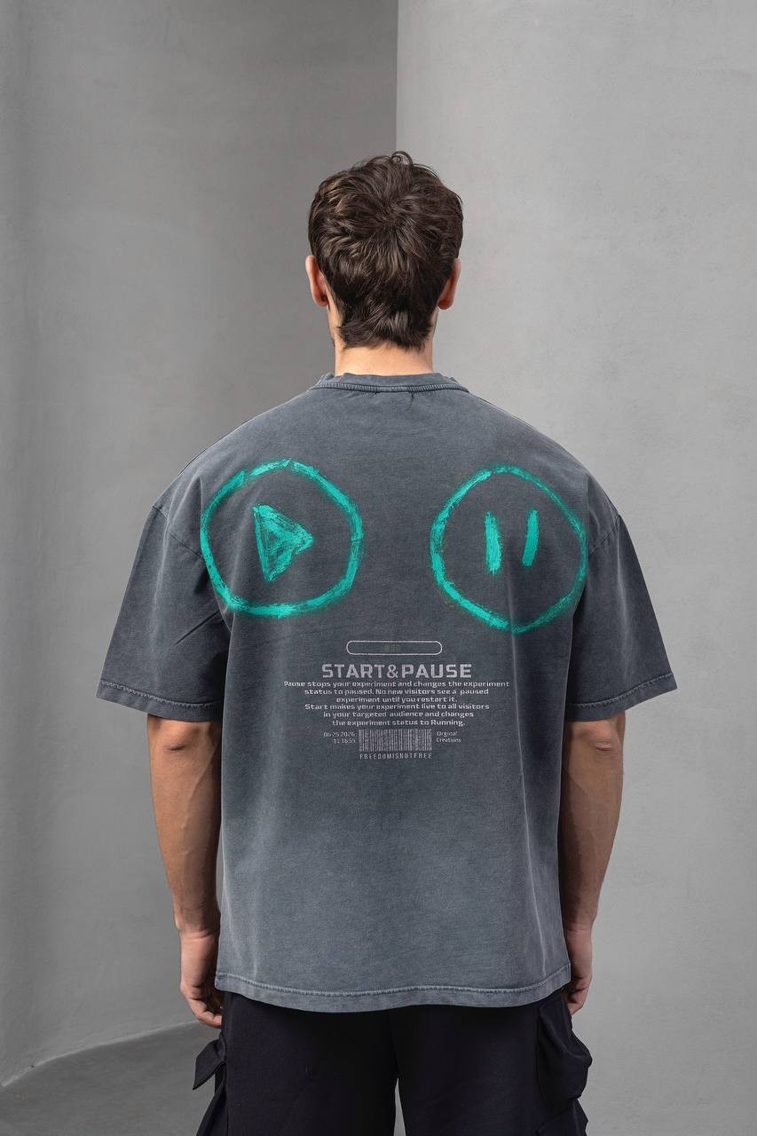 Start & Pause Baskılı Oversize Kesim Erkek Tişört