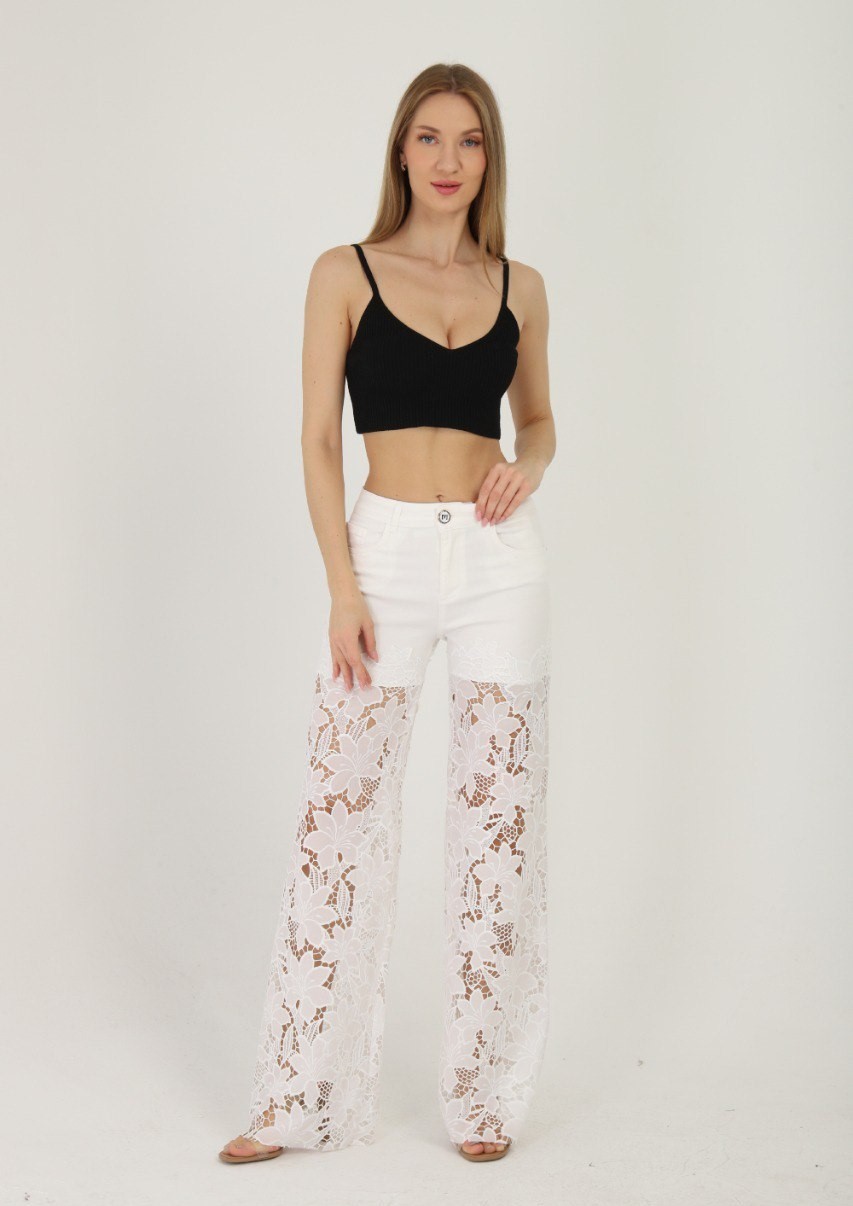 Kanita Lace Embroidered Special Design Women's Trousers - Beyaz