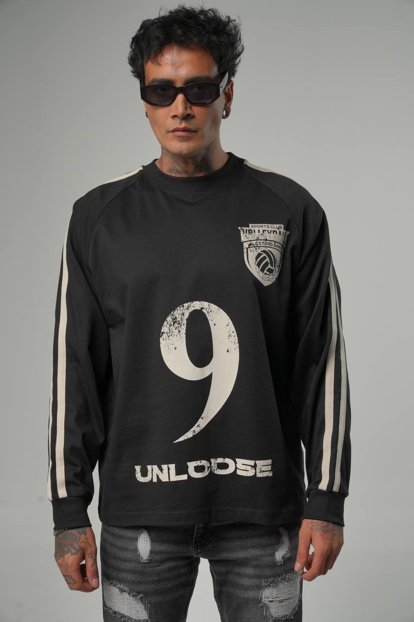 9 Baskılı Kol şerit Detaylı Oversize Kesim Erkeek Sweatshirt - Siyah