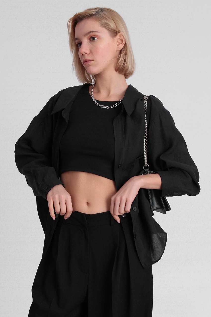 4612-Soft Textured Oversize Shirt - Siyah