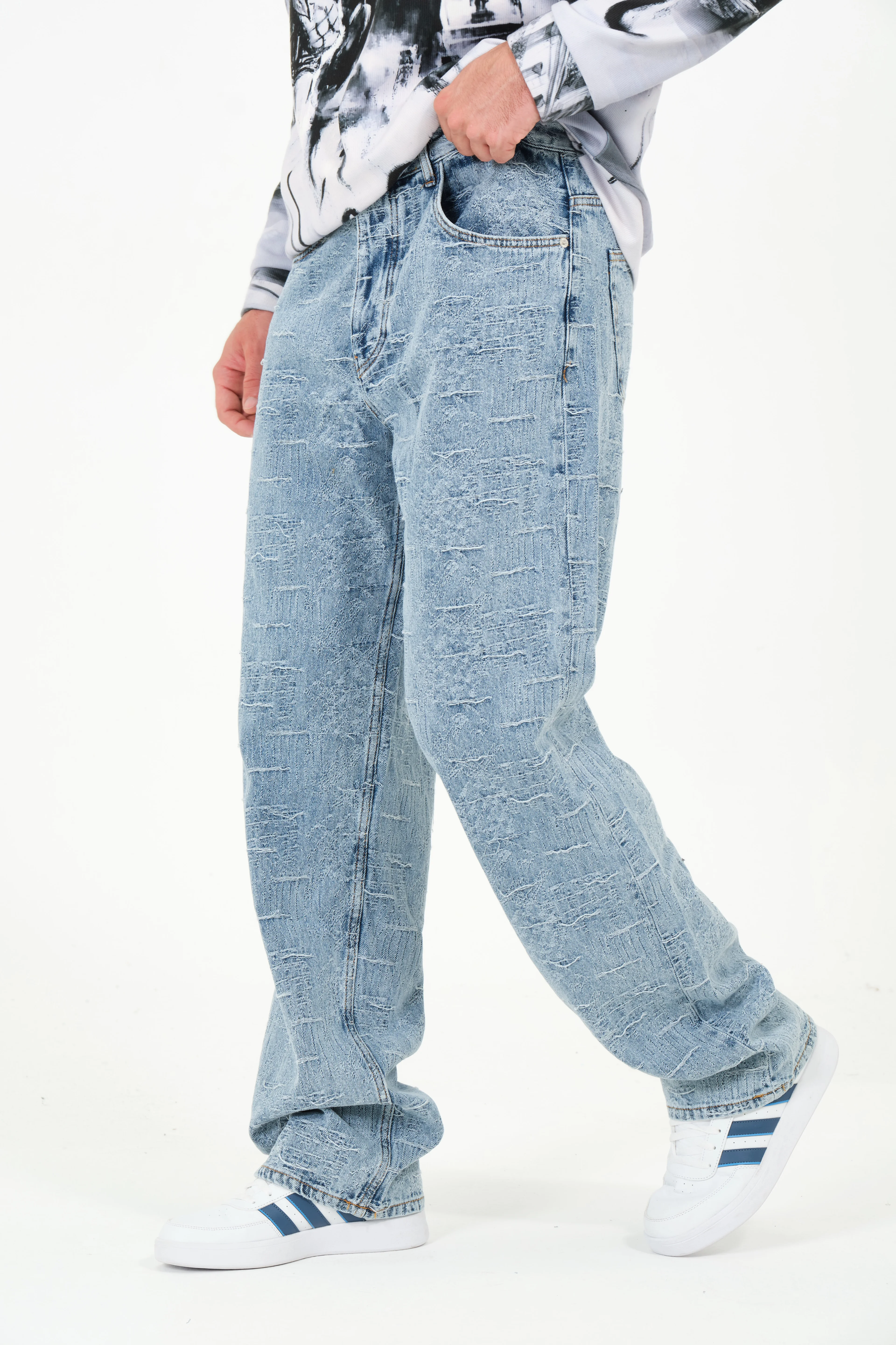 Pull Yırtık Efektli Baggy Erkek Jean Pantolon