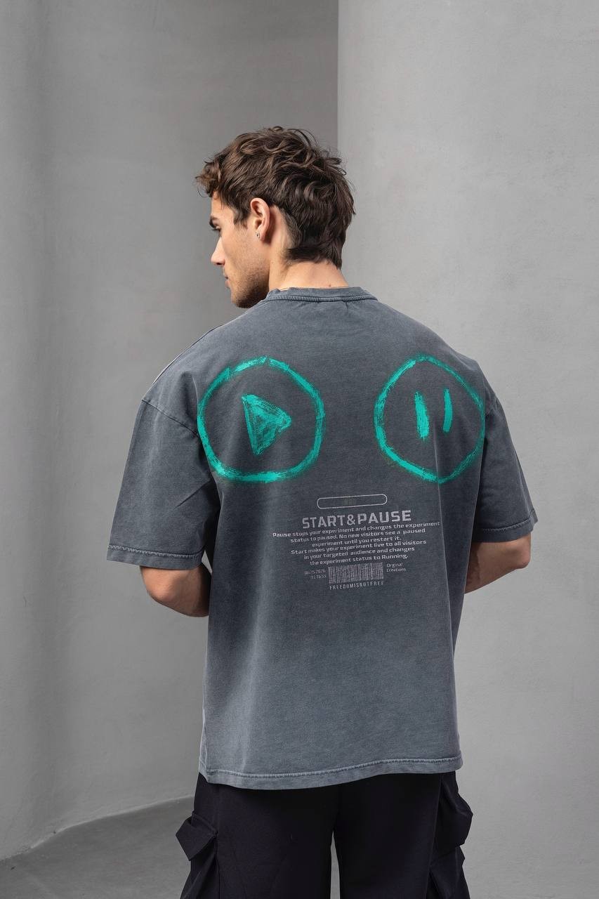 Start & Pause Baskılı Oversize Kesim Erkek Tişört